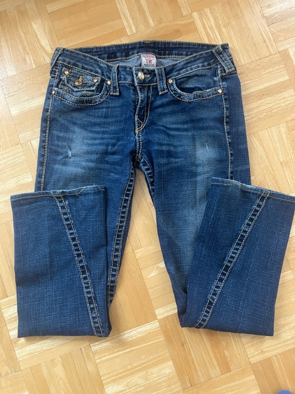 True Religion slight flare Joey crystal button pocket detail jeans USA FLAWS